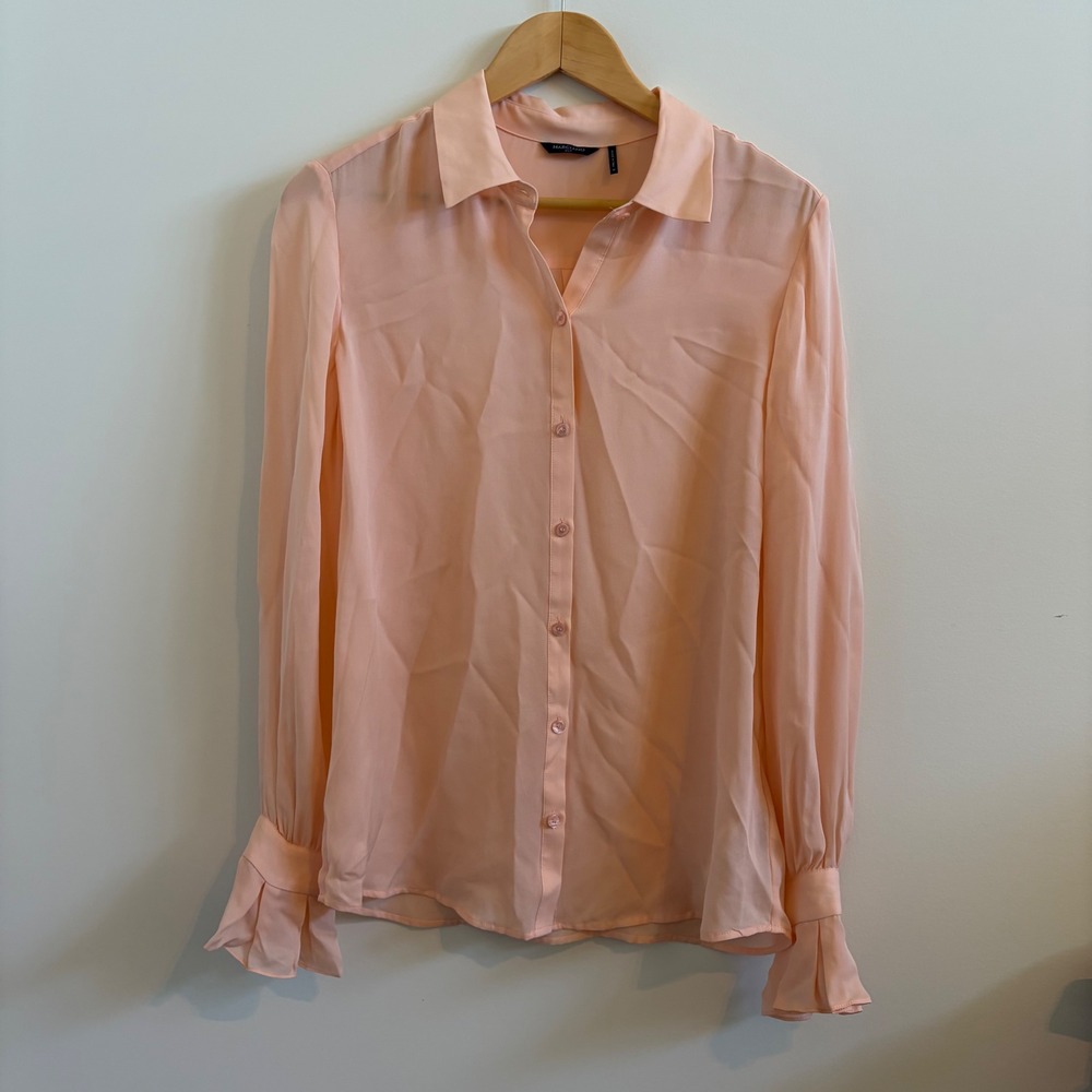 Marciano Silk Blouse Peach Orange Pleated Bell Cuff Button Up Top Medium